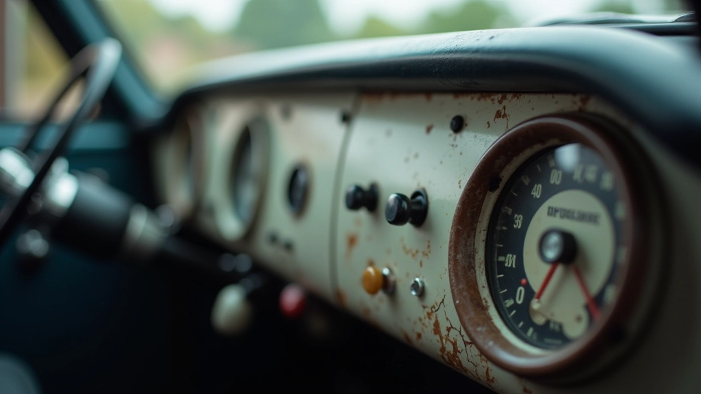 Klasikinio automobilio salono detalė — sena plastikinė prietaisų skydelio panelė su sumažėjusia spalva