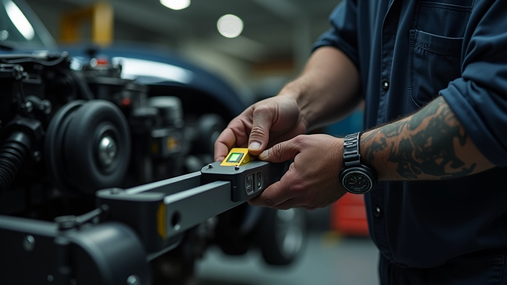 Automechanikas naudoja lygio įrankį automobilio šasiui tikrinti